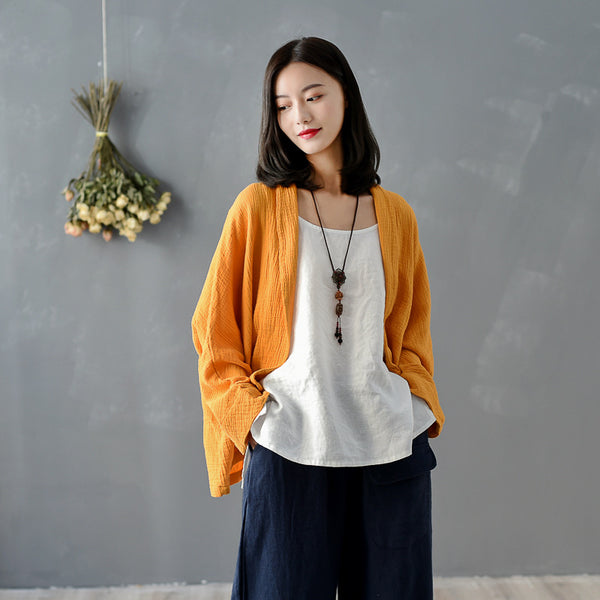 Women Pure Color Wrinkled Linen and Cotton Long Sleeve Cardigan