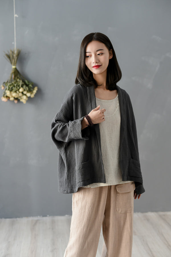 Women Pure Color Wrinkled Linen and Cotton Long Sleeve Cardigan