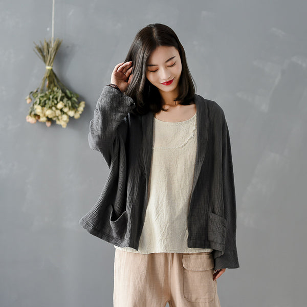 Women Pure Color Wrinkled Linen and Cotton Long Sleeve Cardigan