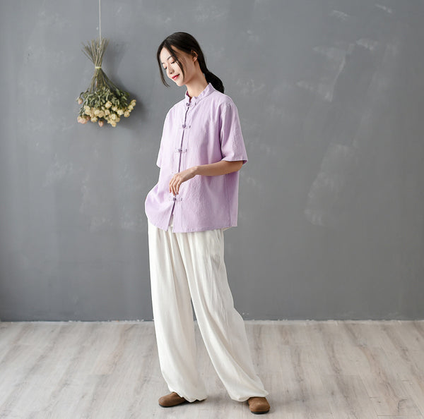 Women Chinese KungFu Style Linen and Cotton Short Sleeve TaiChi Top