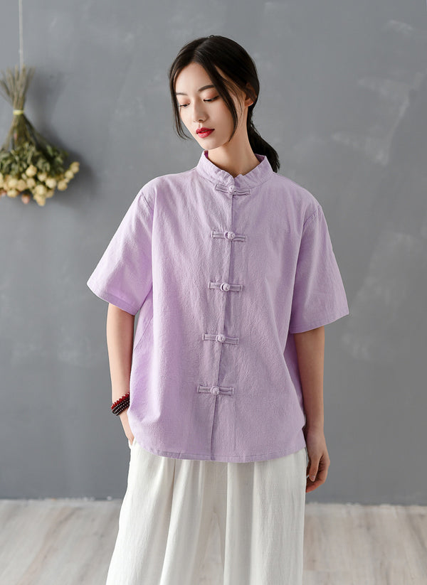 Women Chinese KungFu Style Linen and Cotton Short Sleeve TaiChi Top