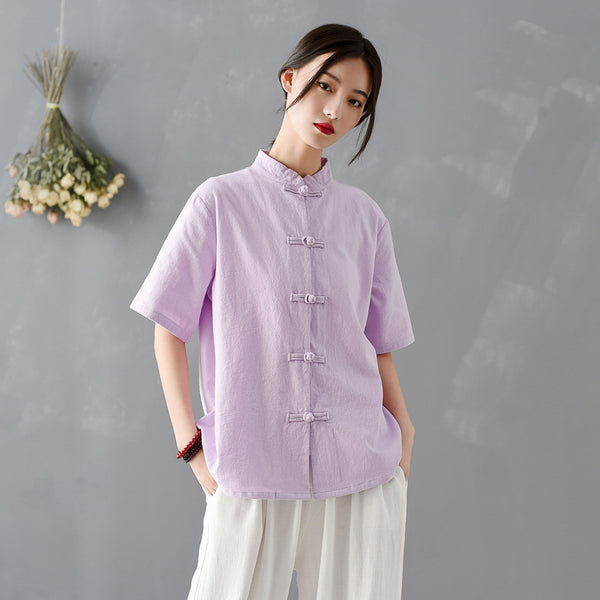 Women Chinese KungFu Style Linen and Cotton Short Sleeve TaiChi Top
