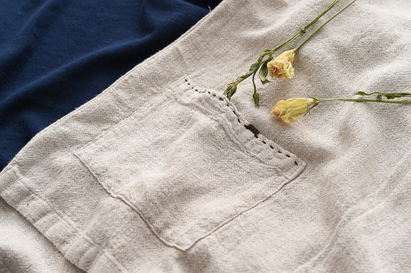 Women Big Pockets Loose Linen and Cotton V Neck T-shirt