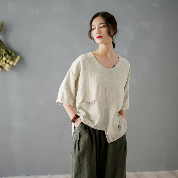 Women Big Pockets Loose Linen and Cotton V Neck T-shirt