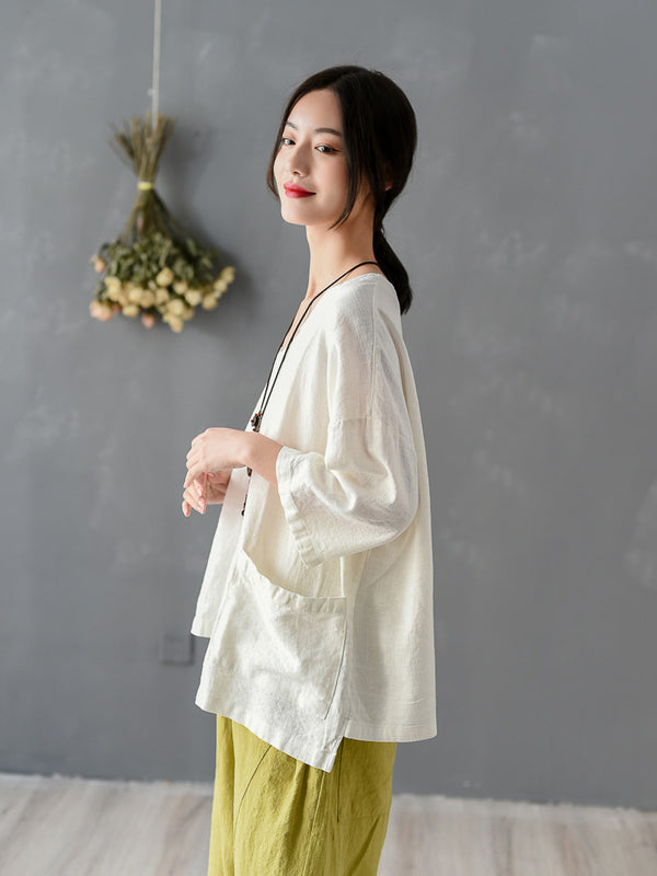 Women Big Pockets Loose Linen and Cotton V Neck T-shirt
