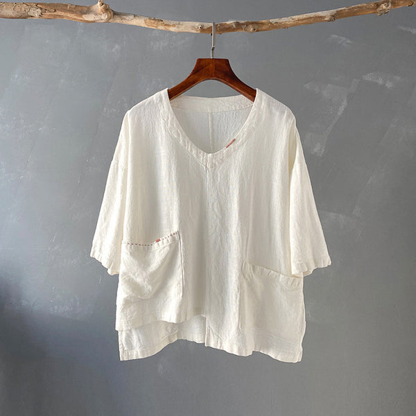 Women Big Pockets Loose Linen and Cotton V Neck T-shirt