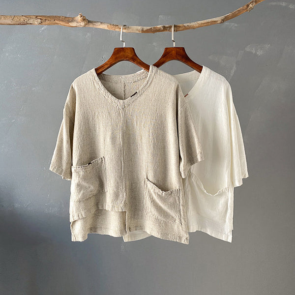Women Big Pockets Loose Linen and Cotton V Neck T-shirt