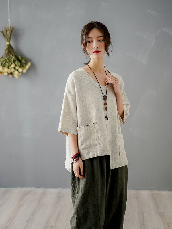 Women Big Pockets Loose Linen and Cotton V Neck T-shirt