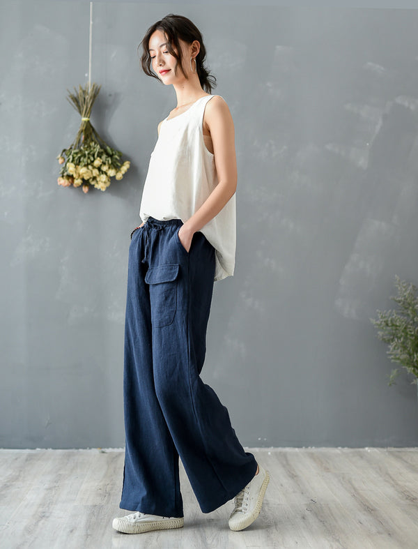 Women Retro Style Linen and Cotton Straight Pants