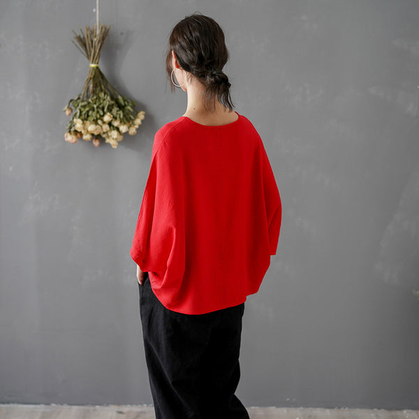 Women Pure Color Loose Linen and Cotton Round Neck T-shirt