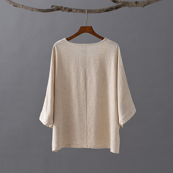 Women Pure Color Loose Linen and Cotton Round Neck T-shirt