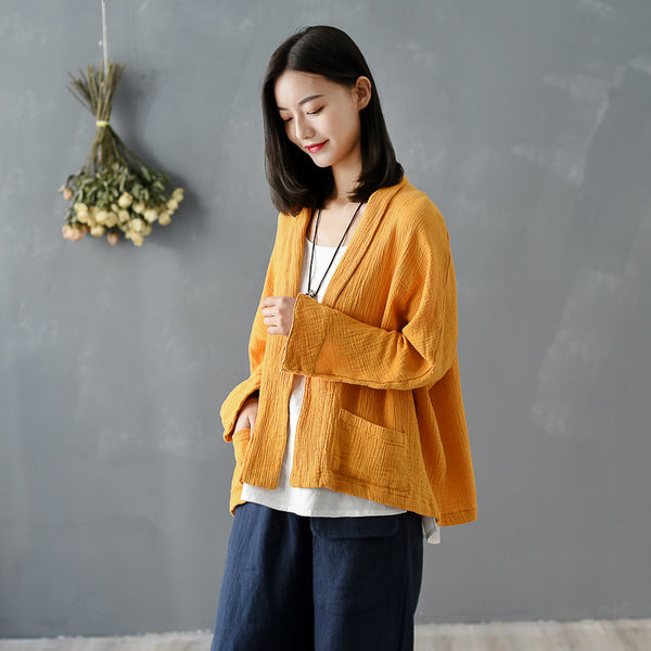 Women Pure Color Wrinkled Linen and Cotton Long Sleeve Cardigan