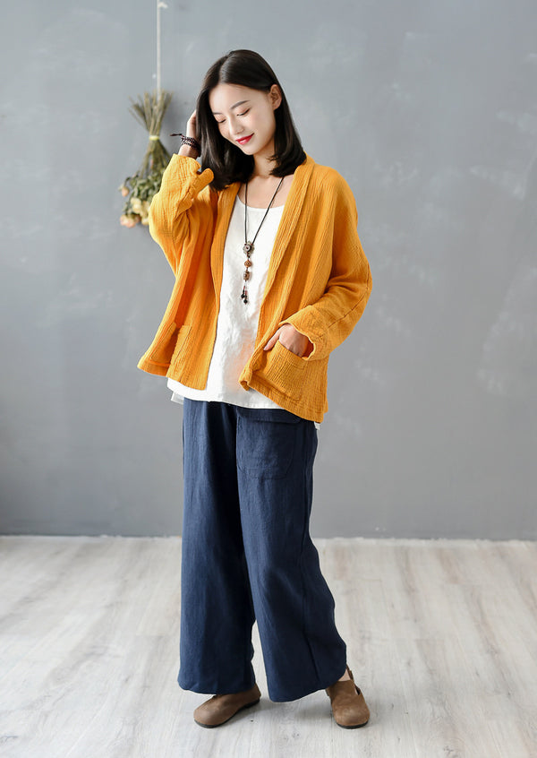 Women Pure Color Wrinkled Linen and Cotton Long Sleeve Cardigan