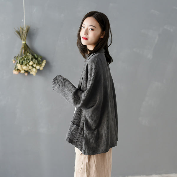 Women Pure Color Wrinkled Linen and Cotton Long Sleeve Cardigan