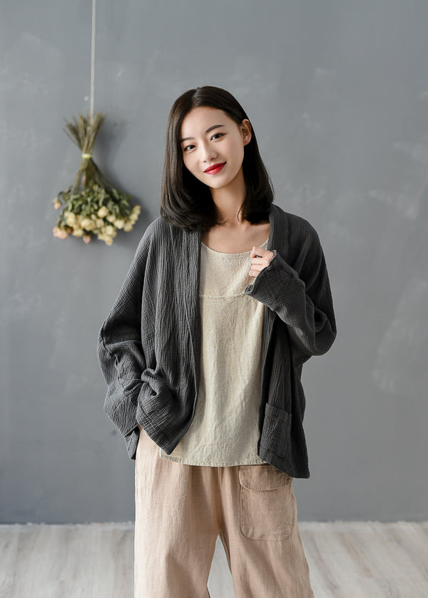 Women Pure Color Wrinkled Linen and Cotton Long Sleeve Cardigan