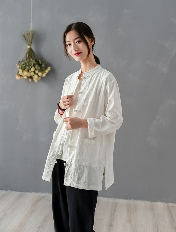 Women Chinese KungFu Style Linen and Cotton Long Sleeve TaiChi Top