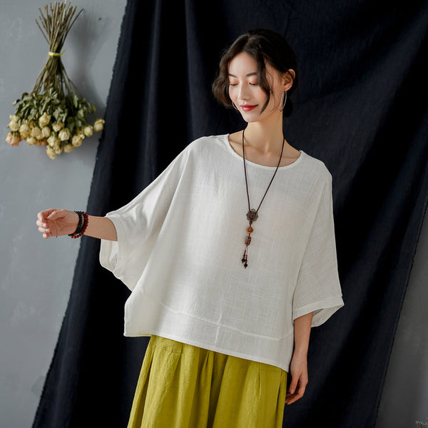 Women Pure Color Loose Linen and Cotton Round Neck T-shirt