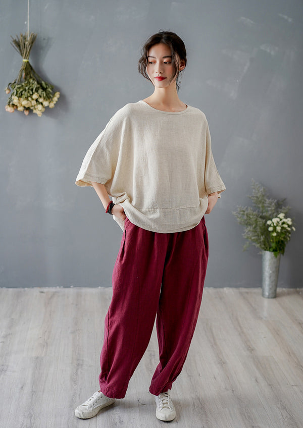 Women Pure Color Loose Linen and Cotton Round Neck T-shirt