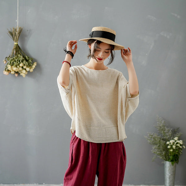 Women Pure Color Loose Linen and Cotton Round Neck T-shirt