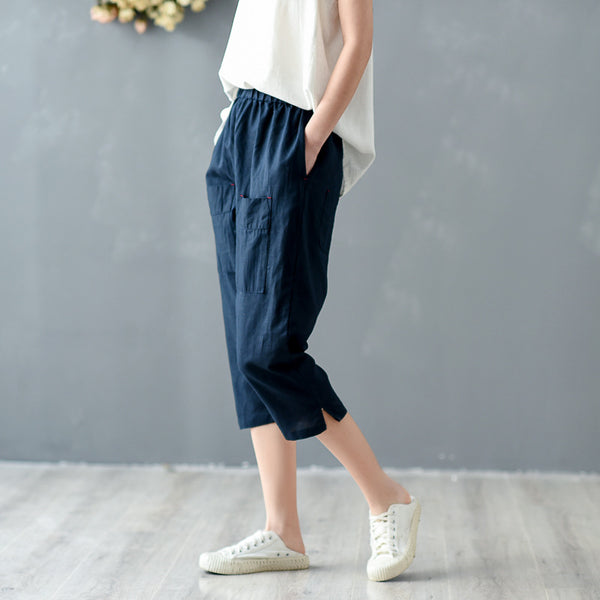 Women Simple Style Linen and Cotton Capri Pants