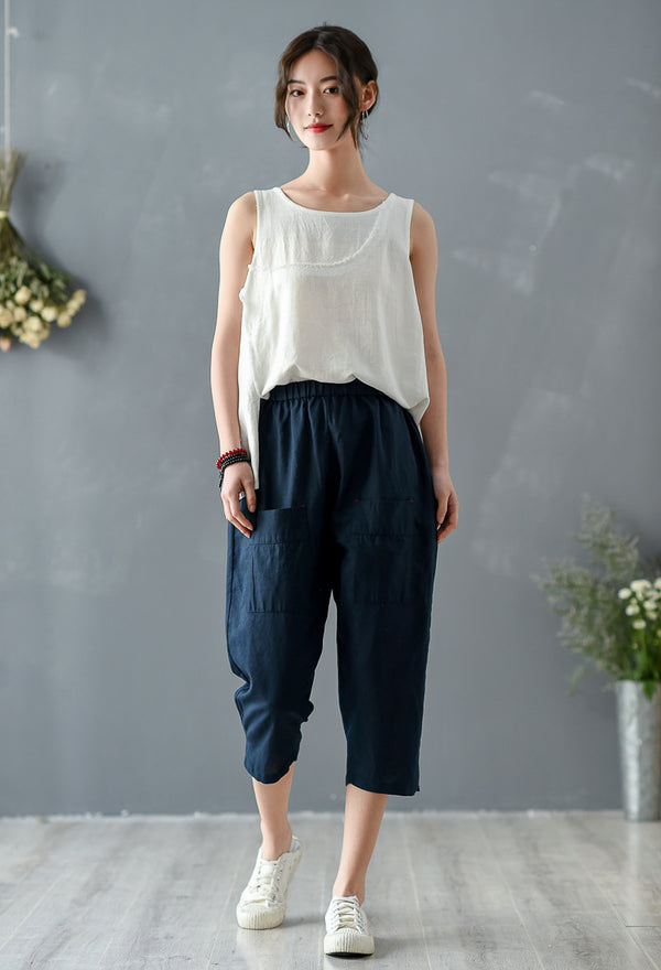 Women Simple Style Linen and Cotton Capri Pants