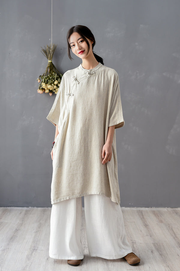 Women Chinese KungFu Style Linen and Cotton Short Sleeve Tunic