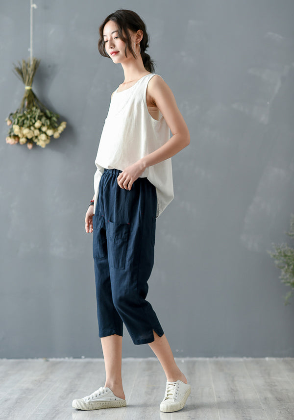 Women Simple Style Linen and Cotton Capri Pants