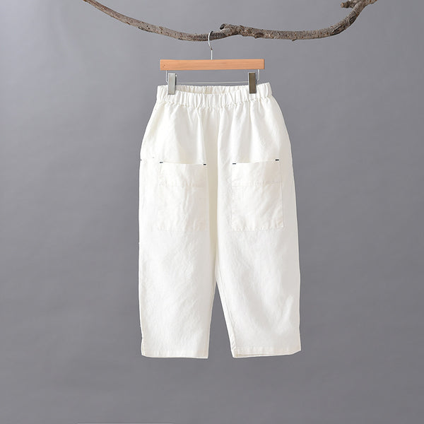 Women Simple Style Linen and Cotton Capri Pants