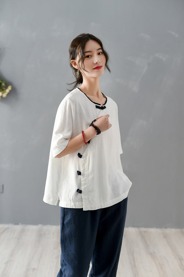 Women Retro Style Loose Linen and Cotton Round Neck T-shirt