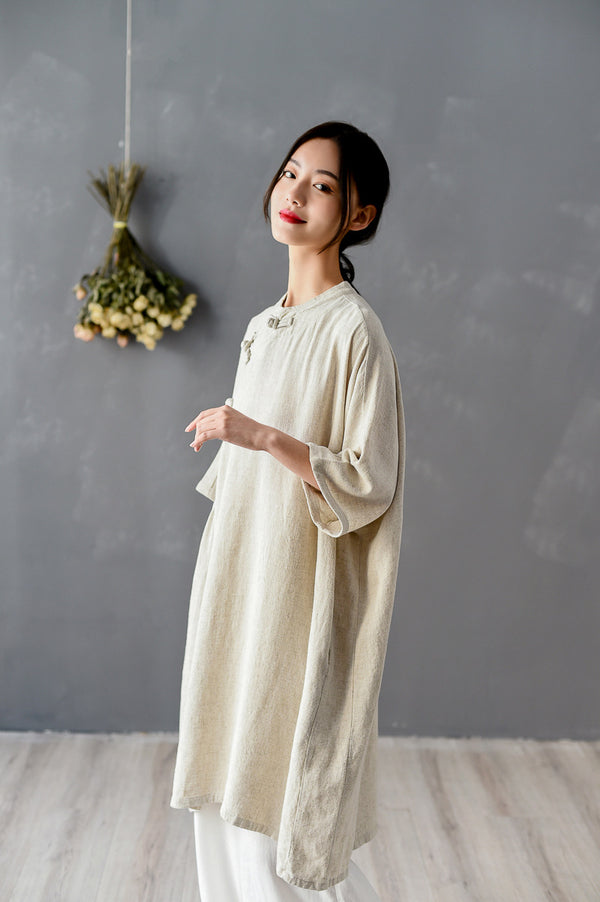 Women Chinese KungFu Style Linen and Cotton Short Sleeve Tunic