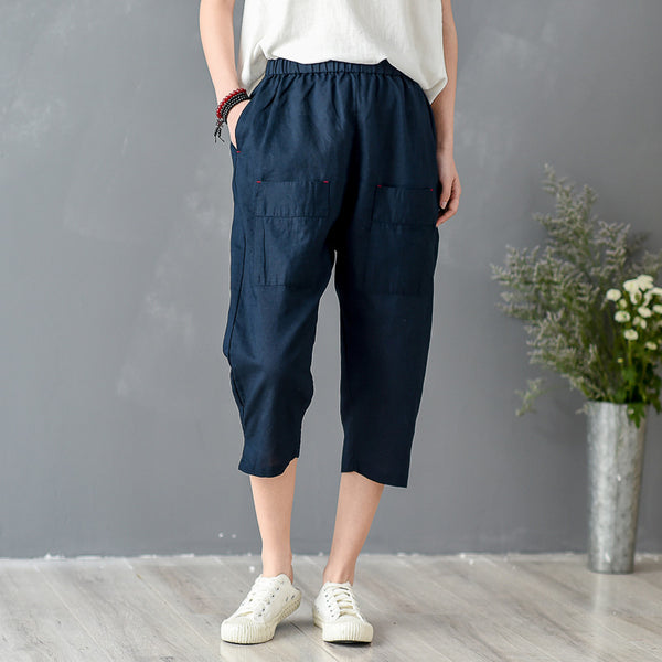 Women Simple Style Linen and Cotton Capri Pants
