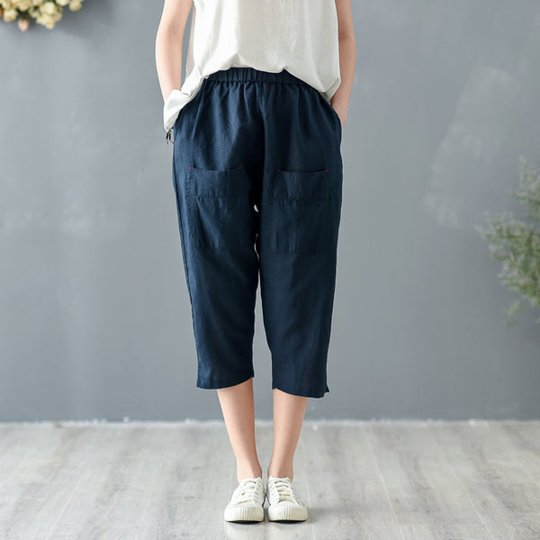 Women Simple Style Linen and Cotton Capri Pants