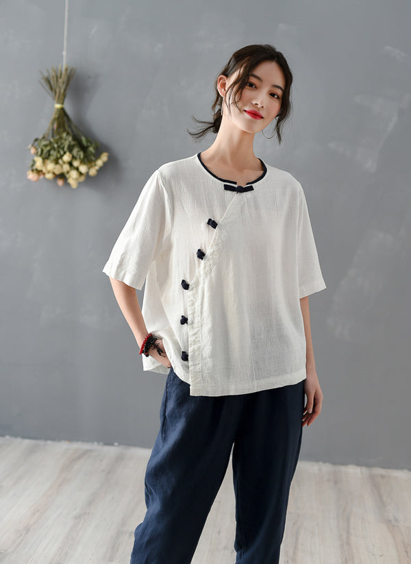 Women Retro Style Loose Linen and Cotton Round Neck T-shirt