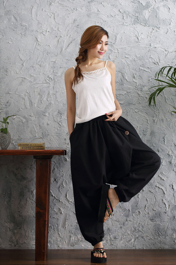 Women Casual Loose Pure Color Cotton and Linen Hanging Crotch Pants