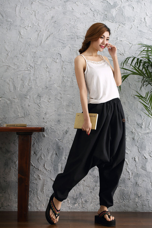 Women Casual Loose Pure Color Cotton and Linen Hanging Crotch Pants