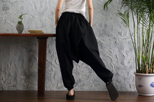 Women Casual Loose Pure Color Cotton and Linen Hanging Crotch Pants