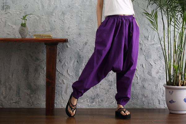 Women Casual Loose Pure Color Cotton and Linen Hanging Crotch Pants