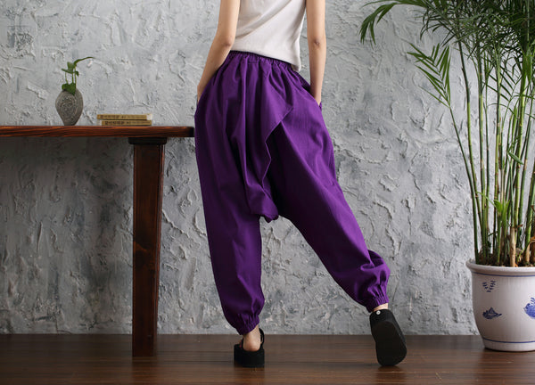 Women Casual Loose Pure Color Cotton and Linen Hanging Crotch Pants