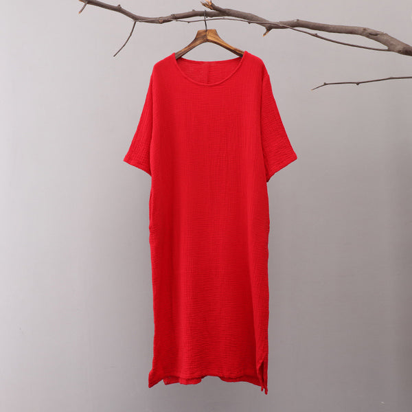 Women Pure Color Artistic Loose Middle Sleeve Dress