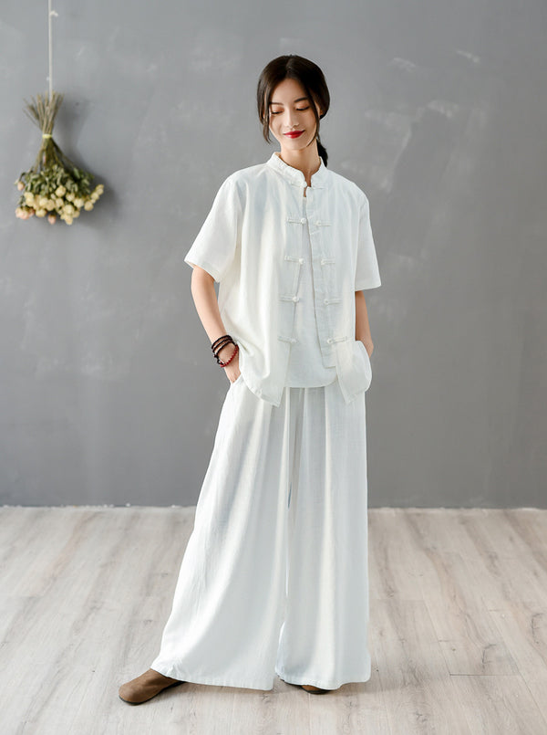 Women Chinese KungFu Style Linen and Cotton Short Sleeve TaiChi Top