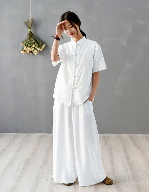 Women Chinese KungFu Style Linen and Cotton Short Sleeve TaiChi Top