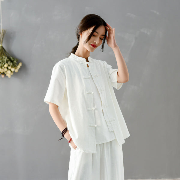 Women Chinese KungFu Style Linen and Cotton Short Sleeve TaiChi Top