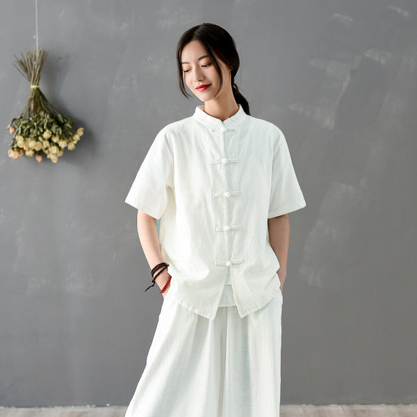 Women Chinese KungFu Style Linen and Cotton Short Sleeve TaiChi Top