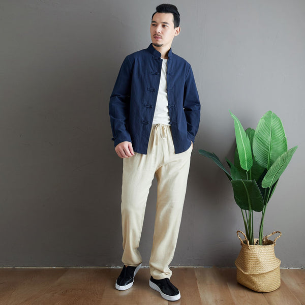 Men Aisian Style Linen and Cotton Long Sleeve Jacket