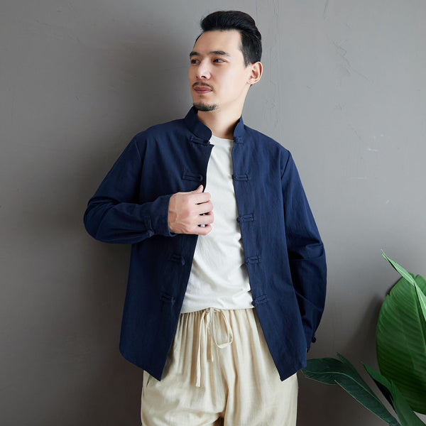 Men Aisian Style Linen and Cotton Long Sleeve Jacket