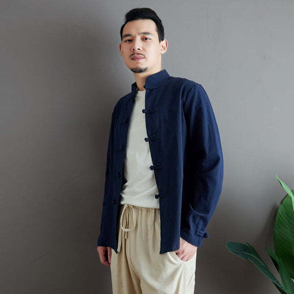 Men Aisian Style Linen and Cotton Long Sleeve Jacket