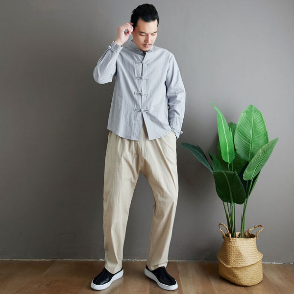 Men Aisian Style Linen and Cotton Long Sleeve Jacket