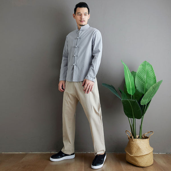 Men Aisian Style Linen and Cotton Long Sleeve Jacket