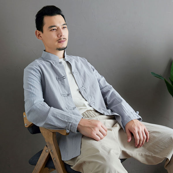 Men Aisian Style Linen and Cotton Long Sleeve Jacket
