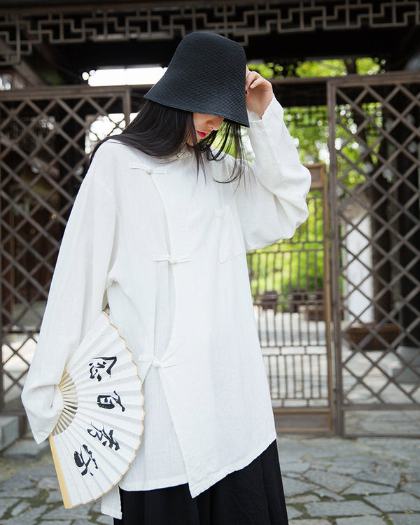Women Retro Chinese Style Linen and Cotton Long Sleeve Loose Tops